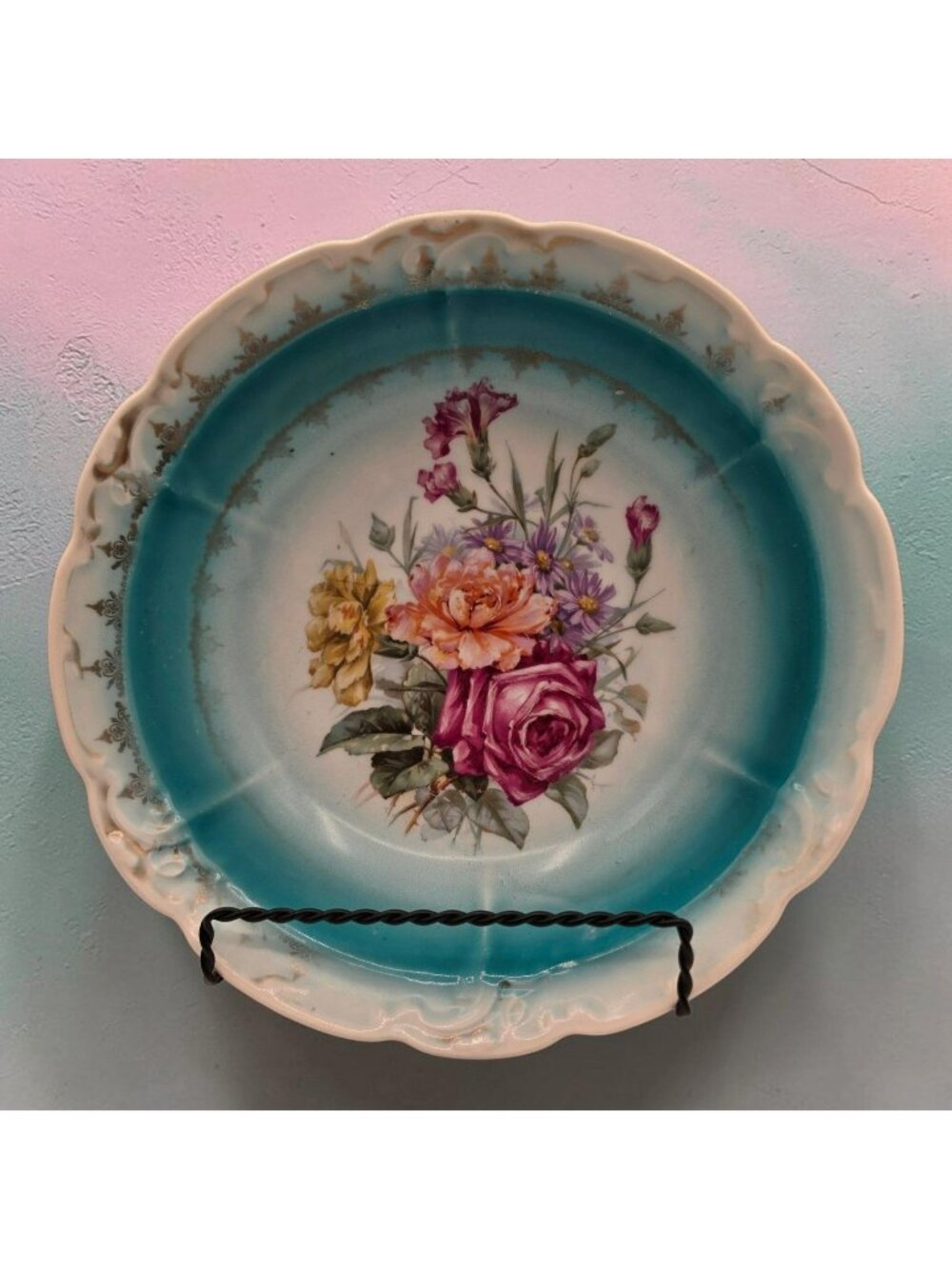 Three Crown China Germany Floral Serving Bowl Gold Trim Scalloped Edge 9.75" Dia
